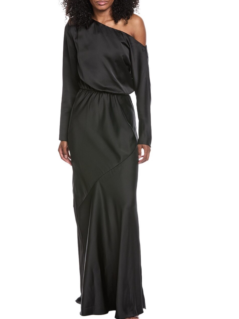 Ramy Brook Black One-Shoulder Long-Sleeve Satin Gown